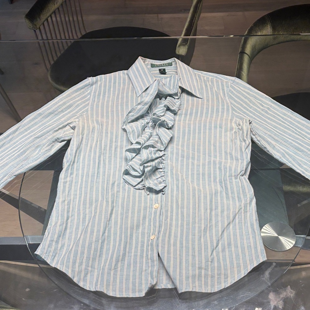 Vintage Ralph Lauren Women's Blue Striped Button Down Shirt With Ruffles Size XS